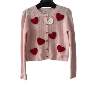 Love Knits Pink Red Heart Valentines Day Cardigan Soft Small